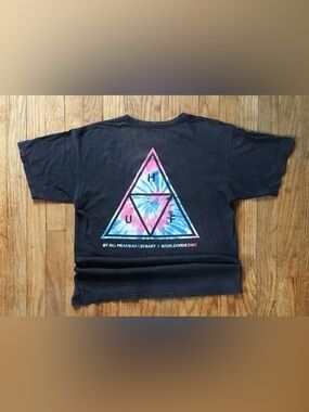 Vintage HUF Kids Black Tee with Pink & Blue Tie-Dye Triangle Logo